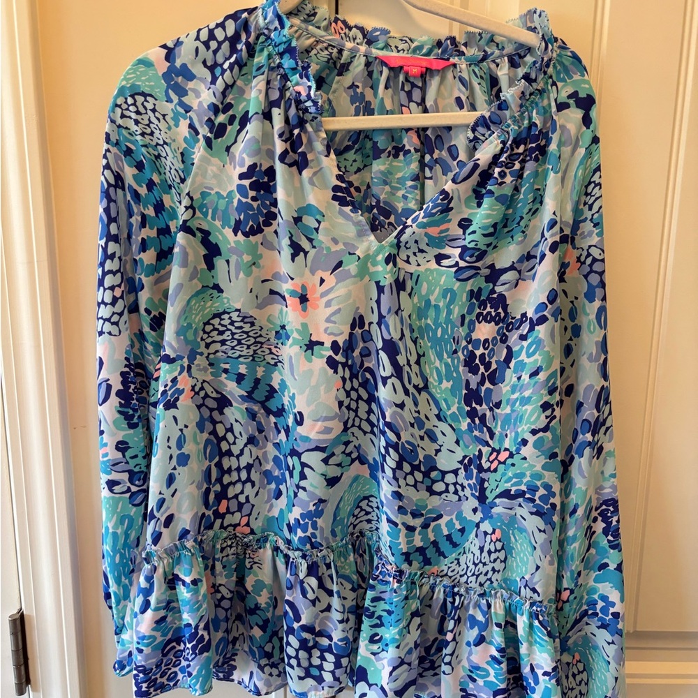 Lilly Pulitzer Turquoise Oasis Wave After Wave Savanna Top - size MEDIUM